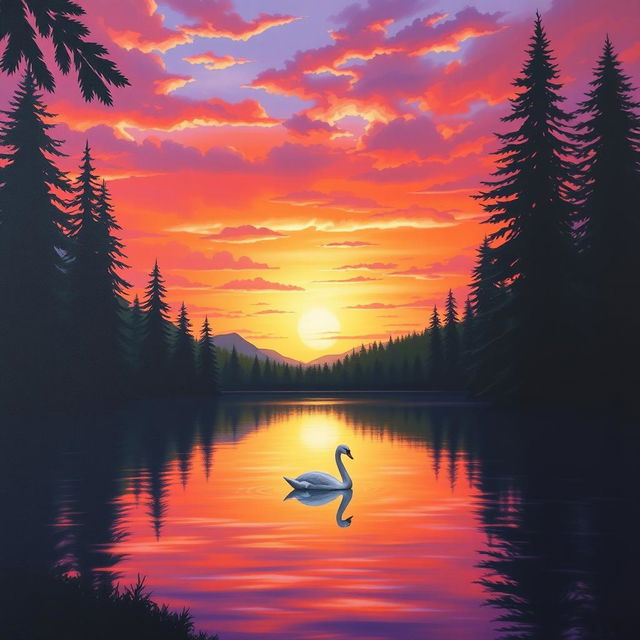 A serene and mesmerizing painting of a sunset over a tranquil lake surrounded by lush forests