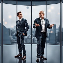 A wallpaper design featuring two men engaging in a spirited debate