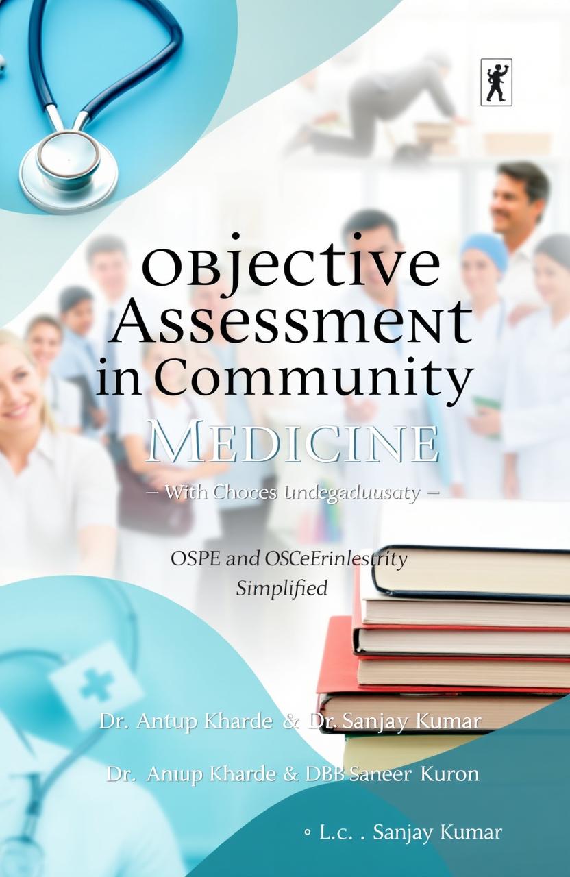 A beautiful and informative book cover design for "Objective Assessment in Community Medicine: OSPE and OSCE Simplified" by Dr Anup Kharde and Dr Sanjay Kumar, specifically aimed at MBBS undergraduates