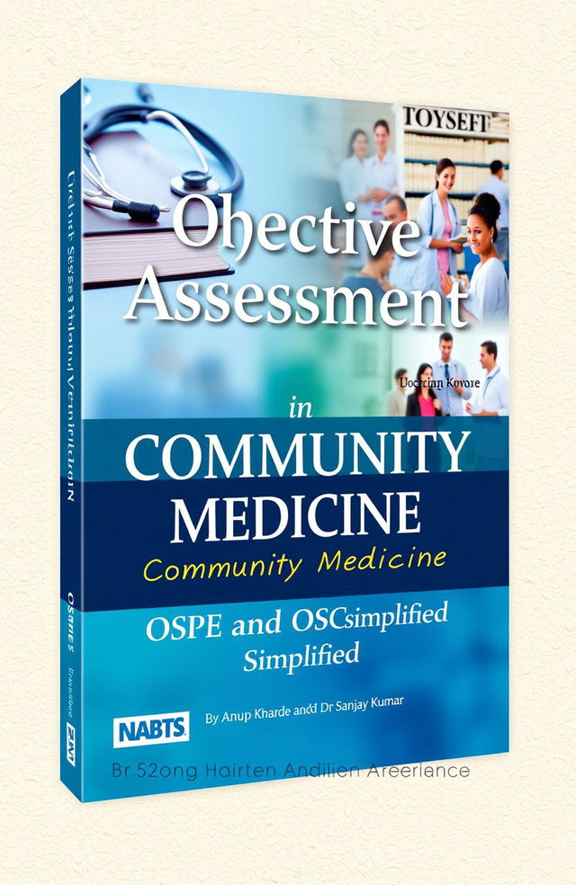 A beautiful and informative book cover design for "Objective Assessment in Community Medicine: OSPE and OSCE Simplified" by Dr Anup Kharde and Dr Sanjay Kumar, specifically aimed at MBBS undergraduates