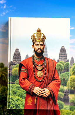 A beautifully designed book cover featuring the ancient Cambodian king Jayavarman VII, depicted in traditional attire with intricate patterns showcasing his royal heritage