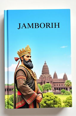 A beautifully designed book cover featuring the ancient Cambodian king Jayavarman VII, depicted in traditional attire with intricate patterns showcasing his royal heritage