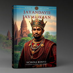 A captivating book cover featuring Jayavarman VII, the legendary Cambodian king, portrayed in his regal attire adorned with detailed jewelry and traditional Cambodian patterns