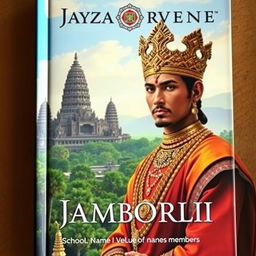 A captivating book cover featuring Jayavarman VII, the legendary Cambodian king, portrayed in his regal attire adorned with detailed jewelry and traditional Cambodian patterns