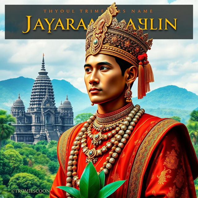 A captivating book cover featuring Jayavarman VII, the legendary Cambodian king, portrayed in his regal attire adorned with detailed jewelry and traditional Cambodian patterns