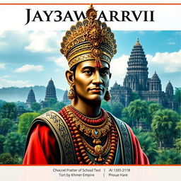 A captivating book cover featuring Jayavarman VII, the legendary Cambodian king, portrayed in his regal attire adorned with detailed jewelry and traditional Cambodian patterns