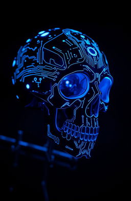 A futuristic cyberpunk skull, intricately designed with glowing blue circuit patterns and advanced technological elements integrated into its structure
