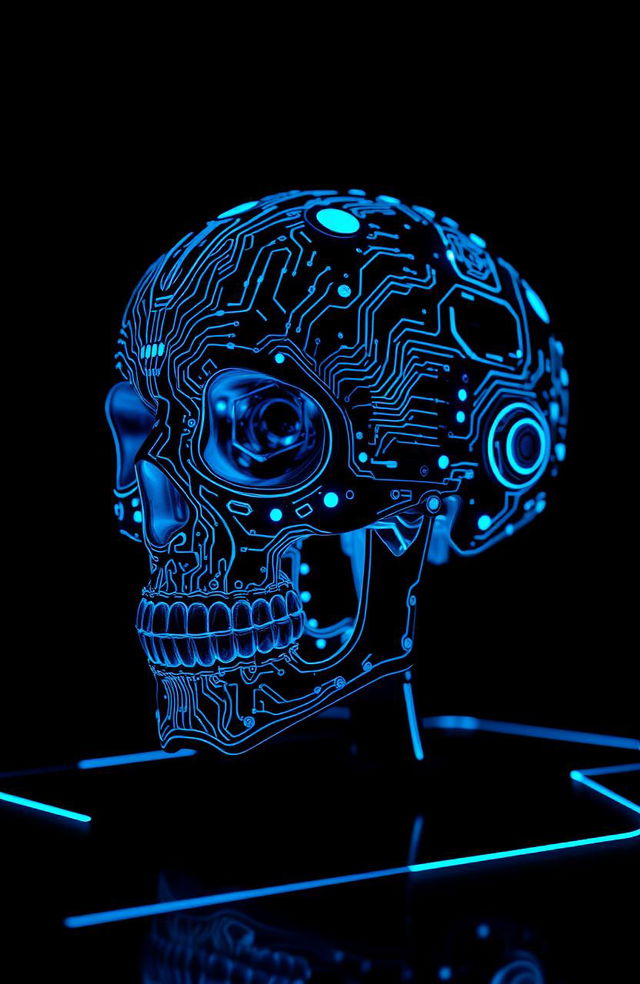 A futuristic cyberpunk skull, intricately designed with glowing blue circuit patterns and advanced technological elements integrated into its structure