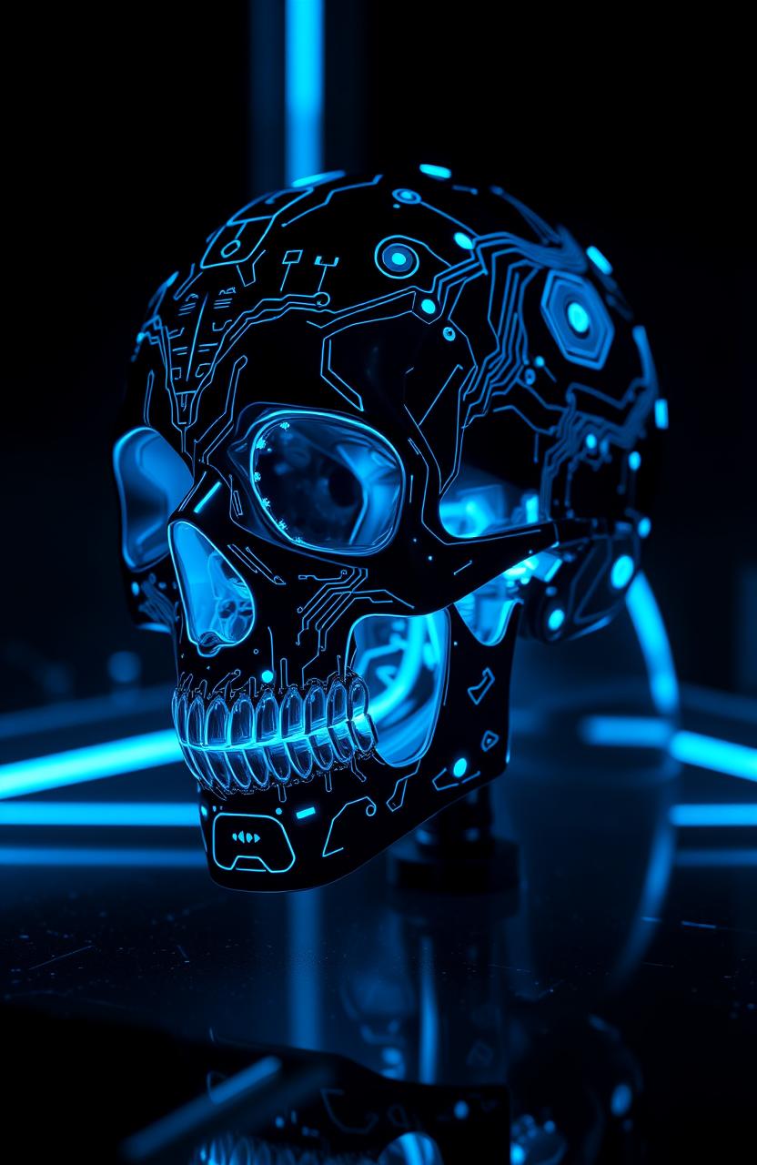 A futuristic cyberpunk skull, intricately designed with glowing blue circuit patterns and advanced technological elements integrated into its structure