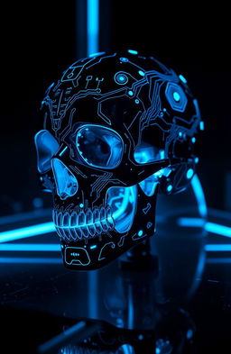 A futuristic cyberpunk skull, intricately designed with glowing blue circuit patterns and advanced technological elements integrated into its structure