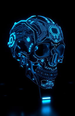 A futuristic cyberpunk skull, intricately designed with glowing blue circuit patterns and advanced technological elements integrated into its structure