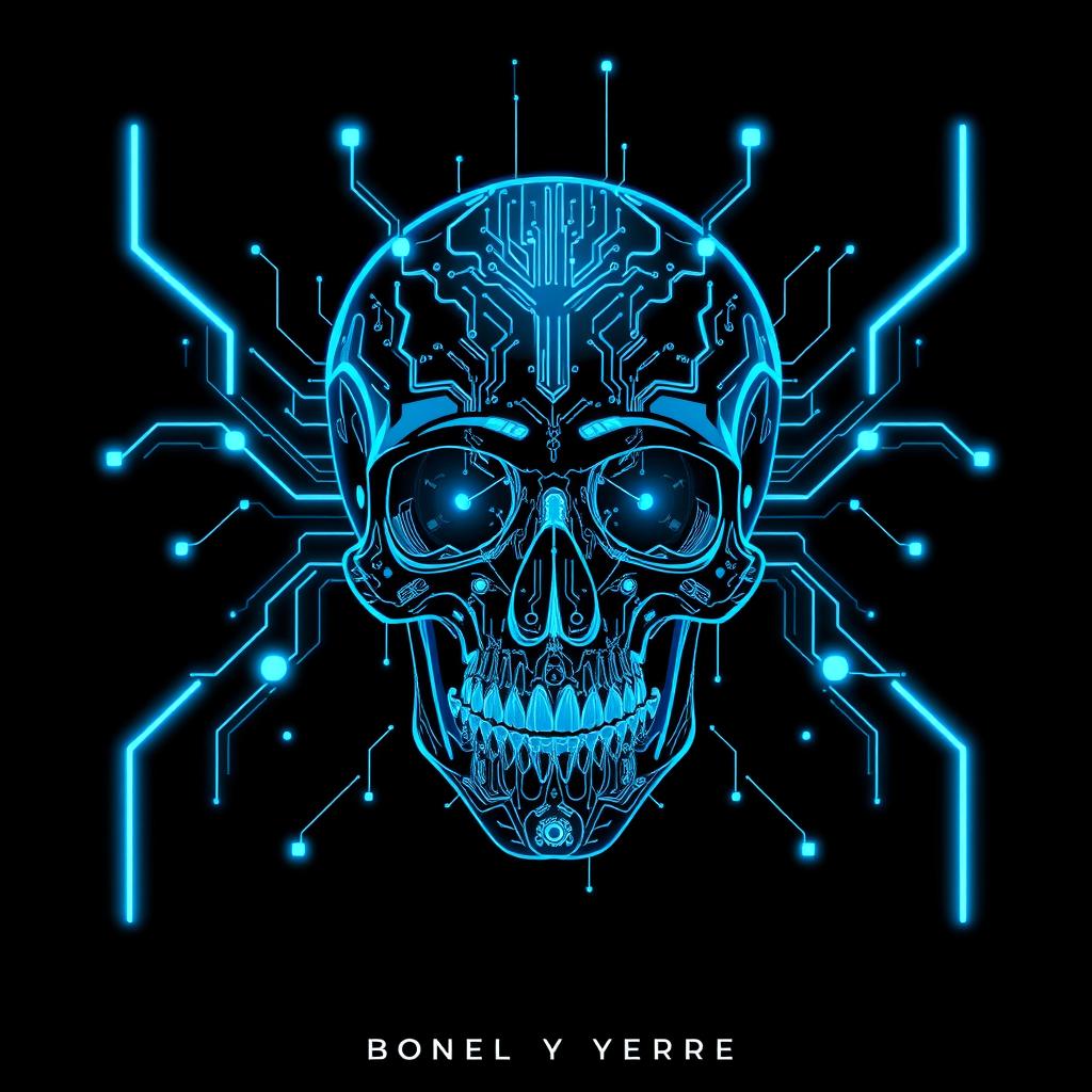 A captivating book cover featuring a futuristic cyberpunk skull, exquisitely designed with intricate glowing blue circuit patterns and advanced technological elements seamlessly woven into its structure