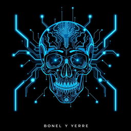 A captivating book cover featuring a futuristic cyberpunk skull, exquisitely designed with intricate glowing blue circuit patterns and advanced technological elements seamlessly woven into its structure