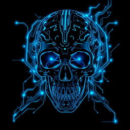 A captivating book cover featuring a futuristic cyberpunk skull, exquisitely designed with intricate glowing blue circuit patterns and advanced technological elements seamlessly woven into its structure