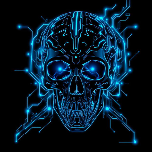 A captivating book cover featuring a futuristic cyberpunk skull, exquisitely designed with intricate glowing blue circuit patterns and advanced technological elements seamlessly woven into its structure