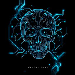 A captivating book cover featuring a futuristic cyberpunk skull, exquisitely designed with intricate glowing blue circuit patterns and advanced technological elements seamlessly woven into its structure