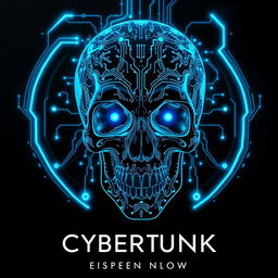A captivating book cover featuring a futuristic cyberpunk skull, exquisitely designed with intricate glowing blue circuit patterns and advanced technological elements seamlessly woven into its structure