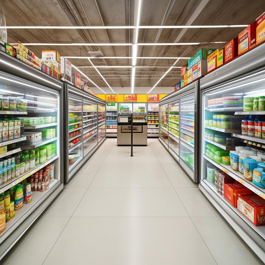 A modern, spacious superstore that is 26 feet deep and 13 feet wide. The store features 2 double-sided modern racks in the center, 2 cold drink refrigerators, an ice cream deep freezer, and a sleek L-shaped cash counter.