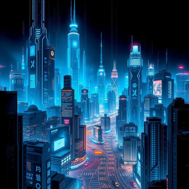 An engaging book cover design featuring a vast cyberpunk cityscape, illuminated with glowing blue lights and advanced technological structures