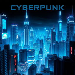 An engaging book cover design featuring a vast cyberpunk cityscape, illuminated with glowing blue lights and advanced technological structures