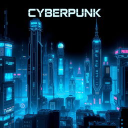 An engaging book cover design featuring a vast cyberpunk cityscape, illuminated with glowing blue lights and advanced technological structures