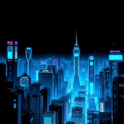 An engaging book cover design featuring a vast cyberpunk cityscape, illuminated with glowing blue lights and advanced technological structures