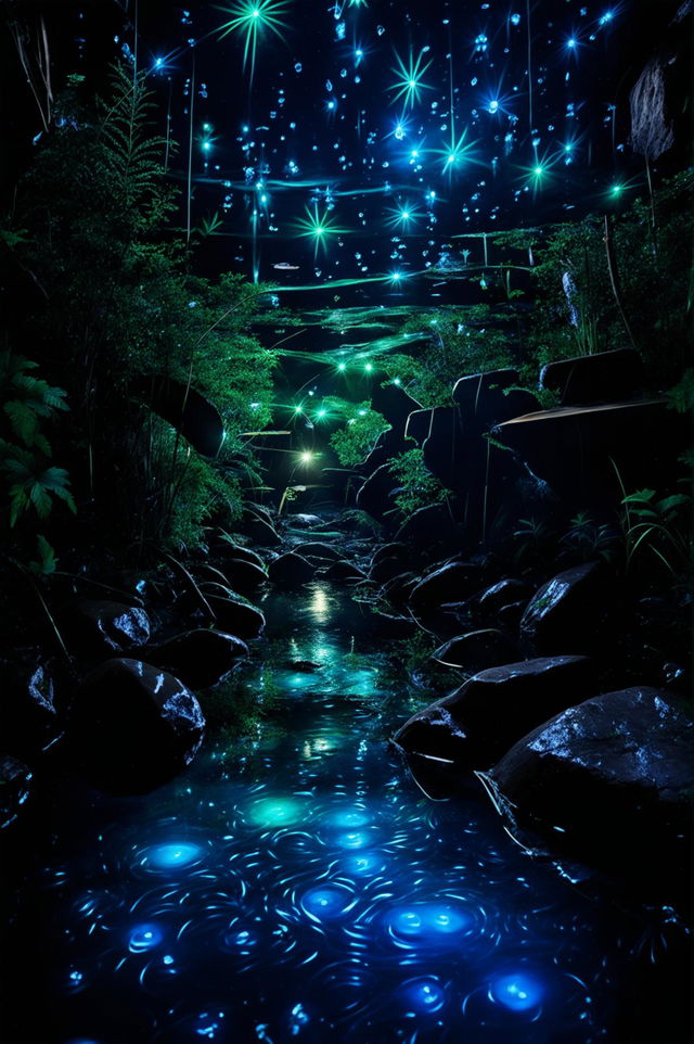 Night photograph of bioluminescent bacteria illuminating a creek and glow worms scattered across the ceiling like stars.