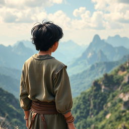 A captivating scene featuring a black wavy-haired teenage boy in medieval clothing, standing with his back towards the viewer