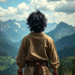 A captivating scene featuring a black wavy-haired teenage boy in medieval clothing, standing with his back towards the viewer