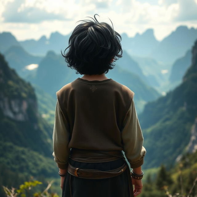 A captivating scene featuring a black wavy-haired teenage boy in medieval clothing, standing with his back towards the viewer