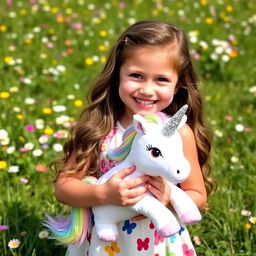A cute 6-year-old girl holding a plush unicorn in her hands, smiling brightly