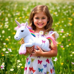 A cute 6-year-old girl holding a plush unicorn in her hands, smiling brightly