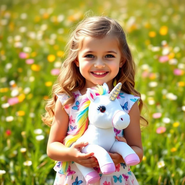 A cute 6-year-old girl holding a plush unicorn in her hands, smiling brightly