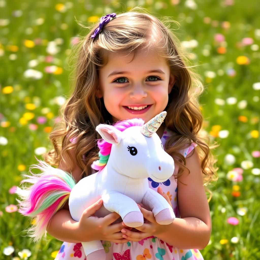 A cute 6-year-old girl holding a plush unicorn in her hands, smiling brightly