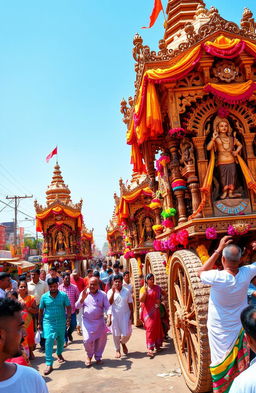 A vibrant and colorful depiction of the annual Odia cart festival, showcasing massive intricately decorated wooden chariots rolling through a lively crowd