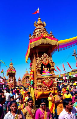 A vibrant and colorful depiction of the annual Odia cart festival, showcasing massive intricately decorated wooden chariots rolling through a lively crowd