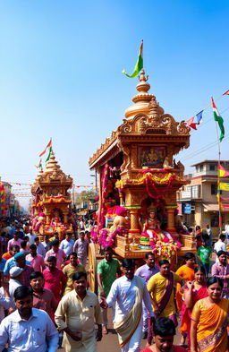 A vibrant and colorful depiction of the annual Odia cart festival, showcasing massive intricately decorated wooden chariots rolling through a lively crowd