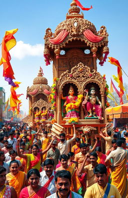 A vibrant and colorful depiction of the annual Odia cart festival, showcasing massive intricately decorated wooden chariots rolling through a lively crowd