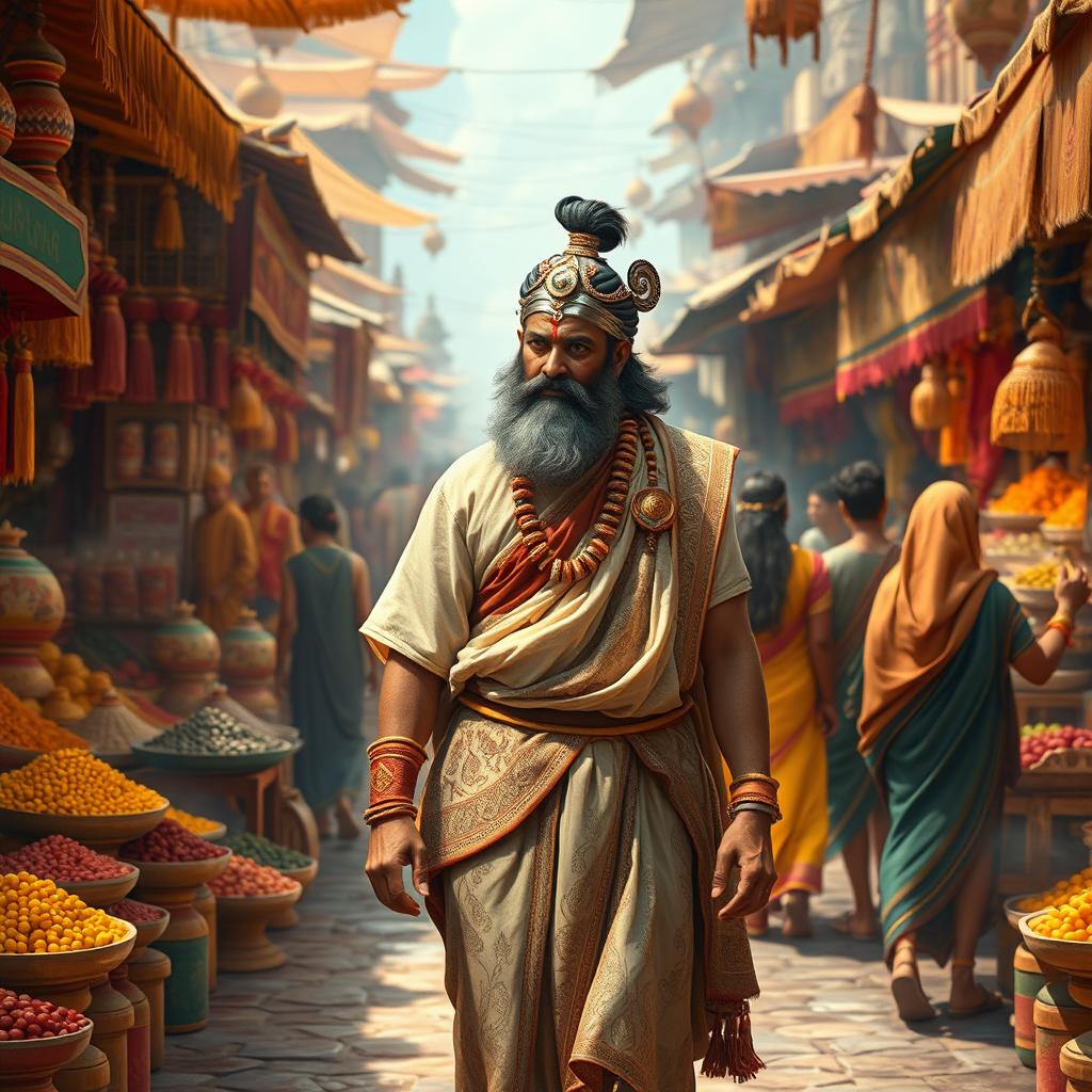 A majestic scene of Nagulan from the Mahabharata, depicted as a heroic figure walking through a bustling market