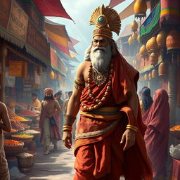 A majestic scene of Nagulan from the Mahabharata, depicted as a heroic figure walking through a bustling market