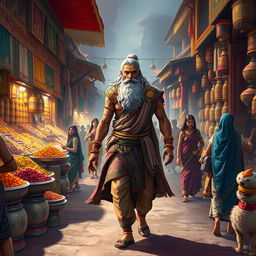 A majestic scene of Nagulan from the Mahabharata, depicted as a heroic figure walking through a bustling market