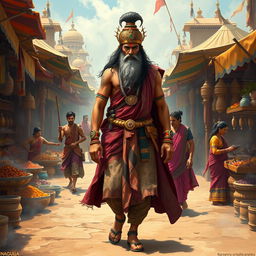 A majestic scene of Nagulan from the Mahabharata, depicted as a heroic figure walking through a bustling market