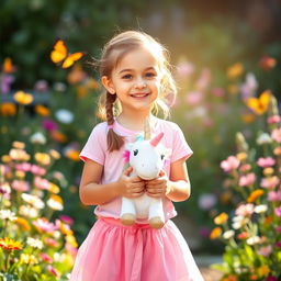 A cute seven-year-old girl wearing a pink skirt and a t-shirt, holding a unicorn plush toy in her hands