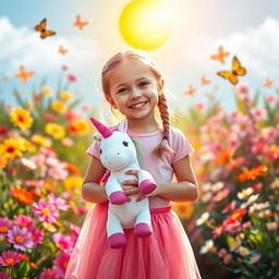 A cute seven-year-old girl wearing a pink skirt and a t-shirt, holding a unicorn plush toy in her hands