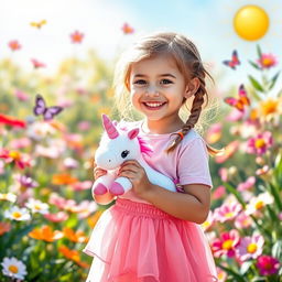 A cute seven-year-old girl wearing a pink skirt and a t-shirt, holding a unicorn plush toy in her hands