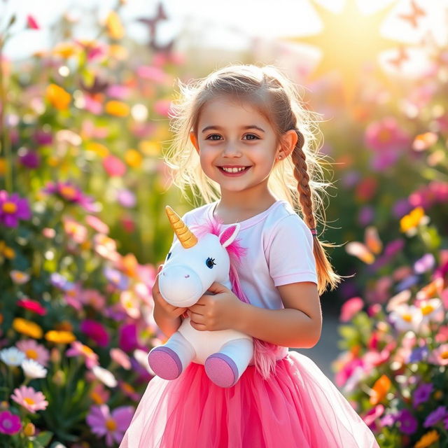 A cute seven-year-old girl wearing a pink skirt and a t-shirt, holding a unicorn plush toy in her hands