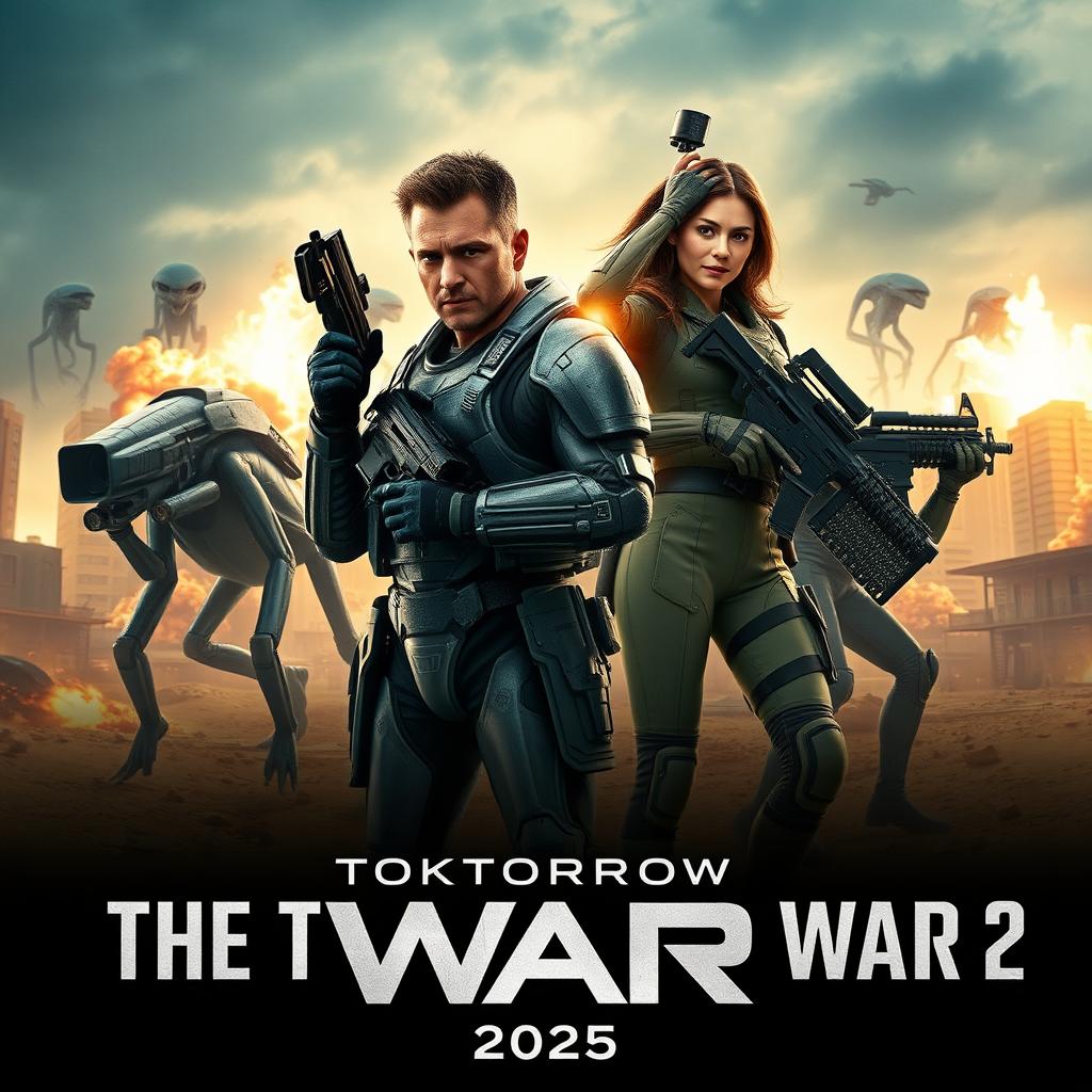 An action-packed movie poster for 'The Tomorrow War 2 (2025)', featuring a futuristic battlefield set against a dystopian skyline