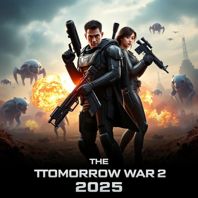 An action-packed movie poster for 'The Tomorrow War 2 (2025)', featuring a futuristic battlefield set against a dystopian skyline