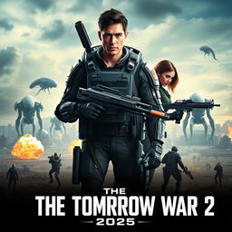 An action-packed movie poster for 'The Tomorrow War 2 (2025)', featuring a futuristic battlefield set against a dystopian skyline