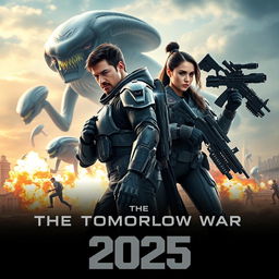 An action-packed movie poster for 'The Tomorrow War 2 (2025)', featuring a futuristic battlefield set against a dystopian skyline